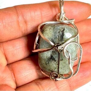 Green Prehnite Pendant Necklace Wire Wrapped Gemstones Artisan 4271 Y